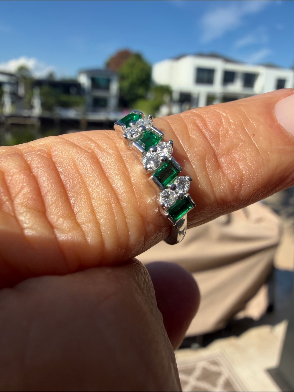 Green Emerald &  Diamond Stone Silver Ring - Women Jewelry